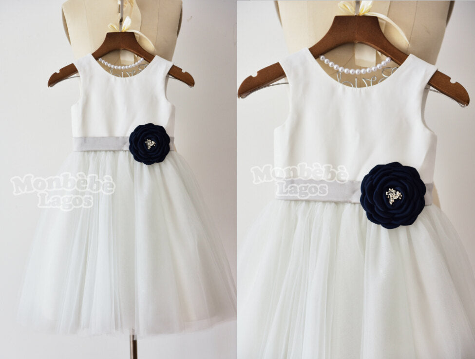 Ivory Tulle Dress with Navy Blue Flower